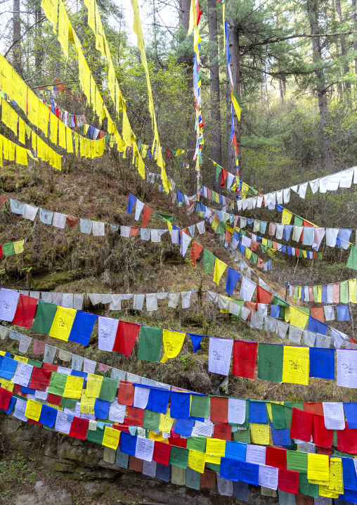 Prayer flags in Tang Chhu River, Bumthang, Mo Chhu, Bhutan
