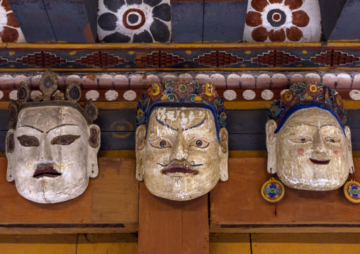 Wooden masks in Ogyen Choling Palace and Museum, Bumthang, Ogyen Choling, Bhutan