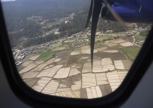 Fields seen from a plane, Chhoekhor Gewog, Bumthang, Bhutan