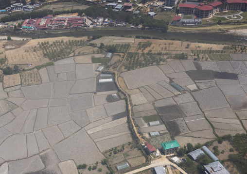 Aerial view of fields, Wangchang Gewog, Paro, Bhutan
