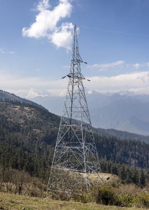 Power line in Chele la Pass, Wangchang Gewog, Paro, Bhutan