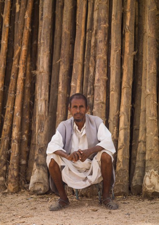 Eritrean man selling wood at market, Anseba, Keren, Eritrea