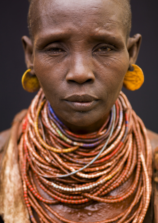 Senior Karo tribe woman with necklaces, Omo valley, Omo valley, Korcho, Ethiopia