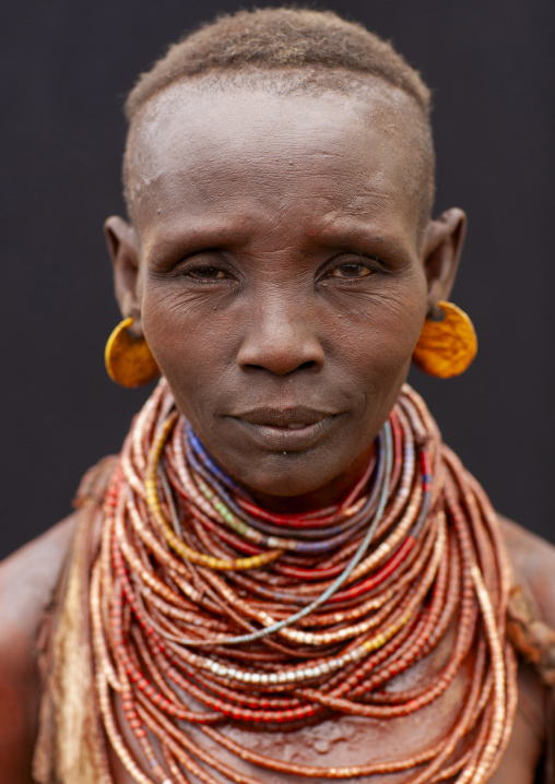 Karo woman with beaded necklaces and earrings ethiopia, Omo valley, Korcho, Ethiopia