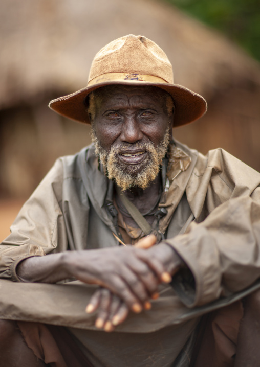 Portrait of a Surma man dressed in western clothes, Kibish, Omo valley, Ethiopia