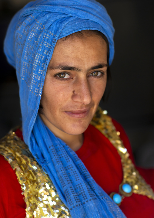 Portrait of a kurdish young woman in traditional clothing, Kordestan province, Palangan, iran