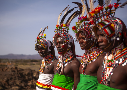Portrait of rendille warriors wearing traditional headwears, Turkana lake, Loiyangalani, Kenya