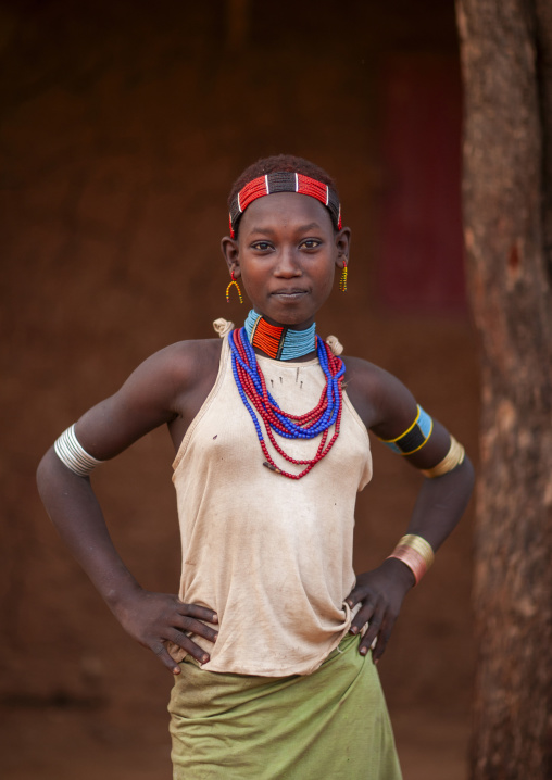 Portrait of a Hamer tribe woman with necklaces and headband, Turmi, Omo valley, Ethiopia