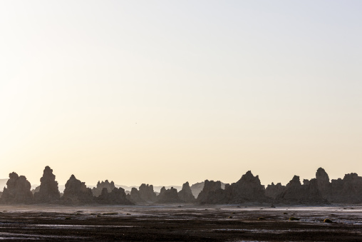 Limestone chimney formations stand silhouetted against a hazy sky at sunrise, Afar depression, Lake Abbe, Djibouti