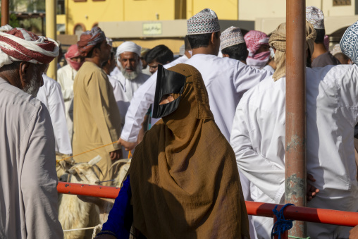 Omani woman wearing a black leather face mask surrounded by men in white dishdasha and patterned headscarves at the Nizwa livestock market, Ad Dakhiliyah Region, Nizwa, Oman