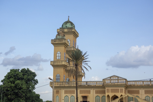 The ornate minaret of the Grand Mosque rises above a palm tree, Poro region, Korhogo, Ivory Coast