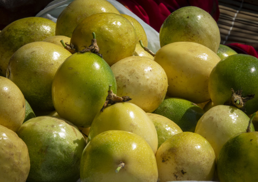 Close-up of a pile of passion fruits displayed for sale at a market, Benguela Province, Benguela, Angola