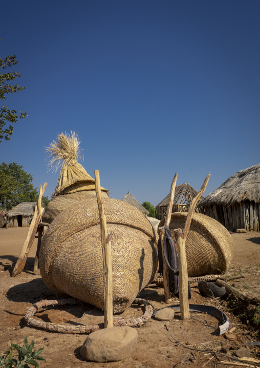 Close-up of a traditional woven grain silo in a Mwila village, Huila Province, Chibia, Angola