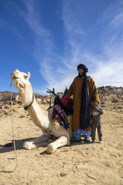 Tuareg man and child standing beside a seated camel with a colorful saddle in the desert, North Africa, Tamanrasset, Algeria