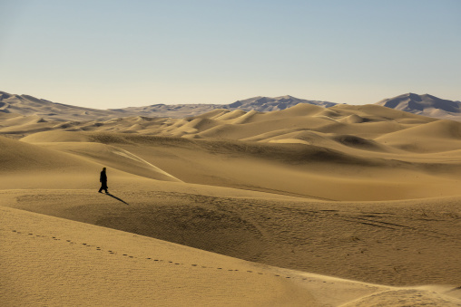 Man walking on a sand dune in the desert, North Africa, Erg Admer, Algeria