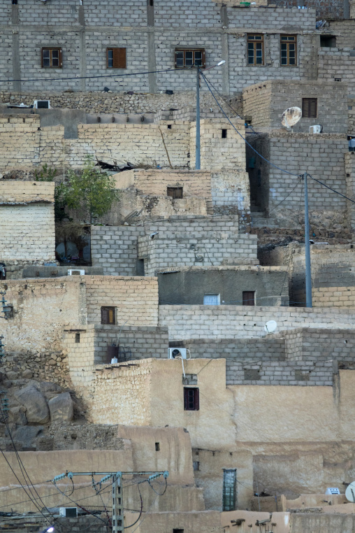 Close view of mudbrick houses on a hillside, North Africa, Djanet, Algeria