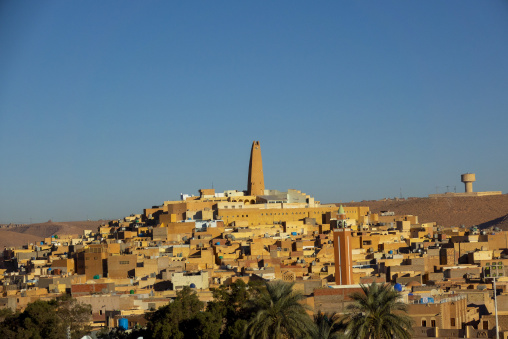 View of the old town with a minaret at the top, North Africa, Ghardaia, Algeria