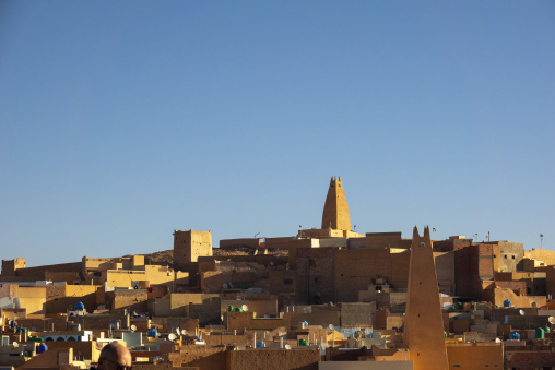 View of the old town with a minaret at the top, North Africa, Ghardaia, Algeria