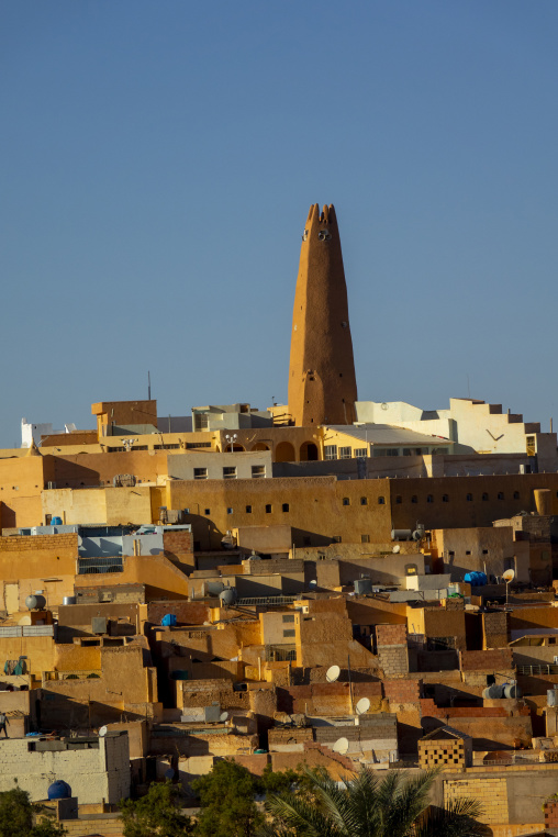 Distinctive tower-shaped minaret rising above the old town, North Africa, Ghardaia, Algeria