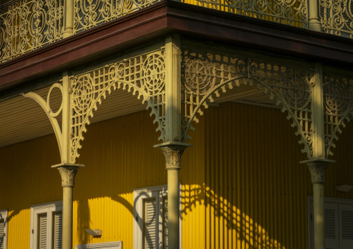 Corner ironwork brackets and columns support two balcony levels of the Palacio de Ferro, Luanda Province, Luanda, Angola