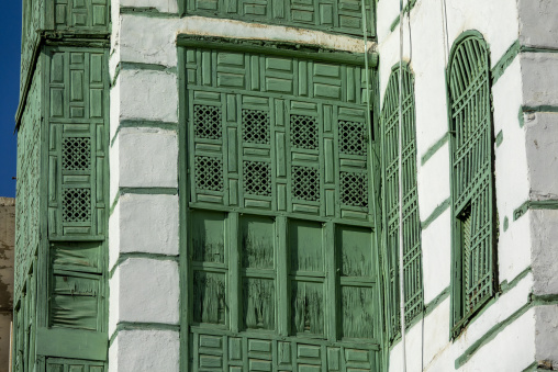 Wooden mashrabiya window in the old town, Mecca province, Jeddah
