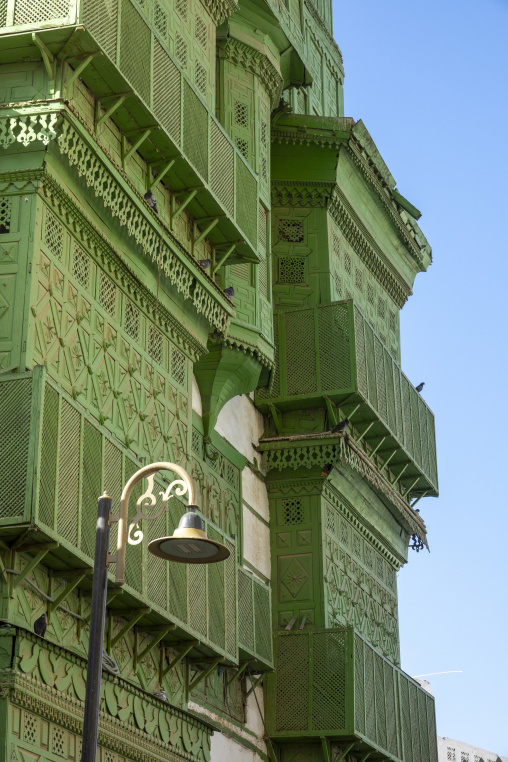 Ornate wooden balconies on a historic house, Mecca province, Jed