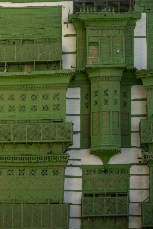 Detail of wooden mashrabiya balconies, Mecca province, Jeddah, S