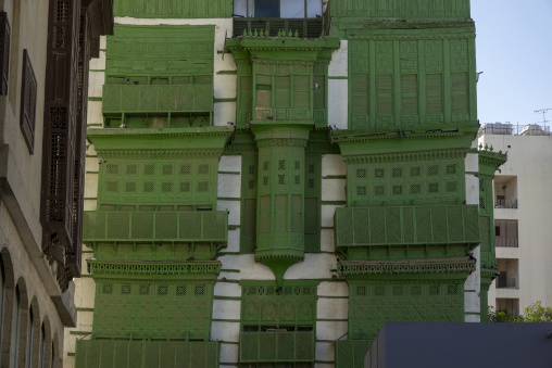 Wooden mashrabiya balconies on a historic Jeddah house, Mecca pr