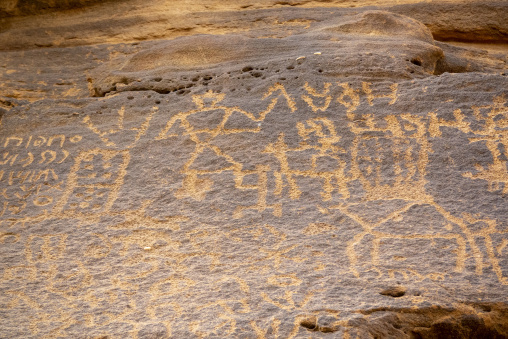 Camel petroglyph and Thamudic inscriptions carved on a sandstone