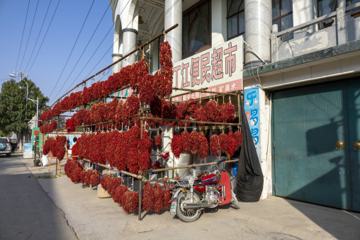 Bundles of dried red chili peppers hang on racks outside a shop, Tongren County, Rebkong, China