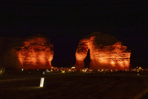 Elephant Rock illuminated at night, Al Madinah Province, Alula,