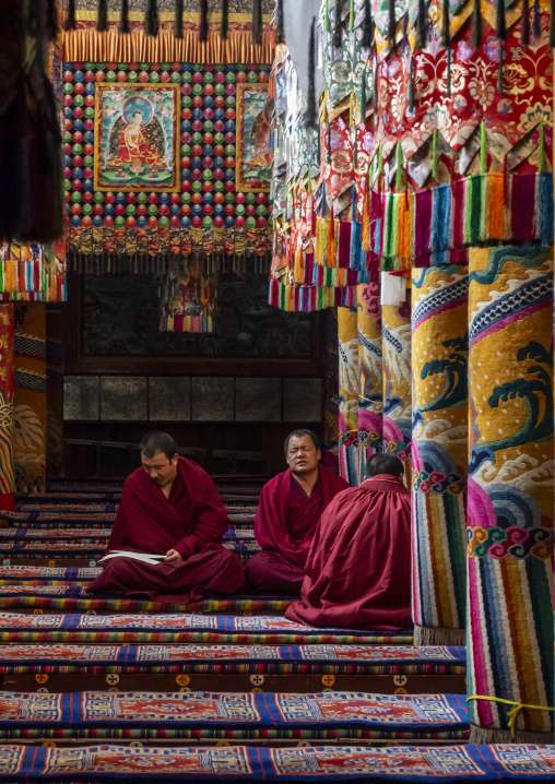 Monks praying and meditating inside Longwu monastery, Tongren County, Longwu, China