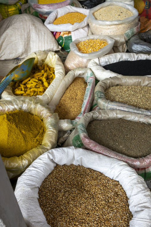 Sacks of spices and lentils displayed at a local market, Dhaka D