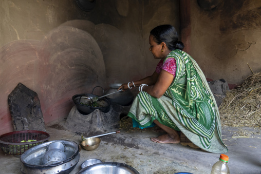 Woman cooking over a traditional clay stove, Rajshahi Division,