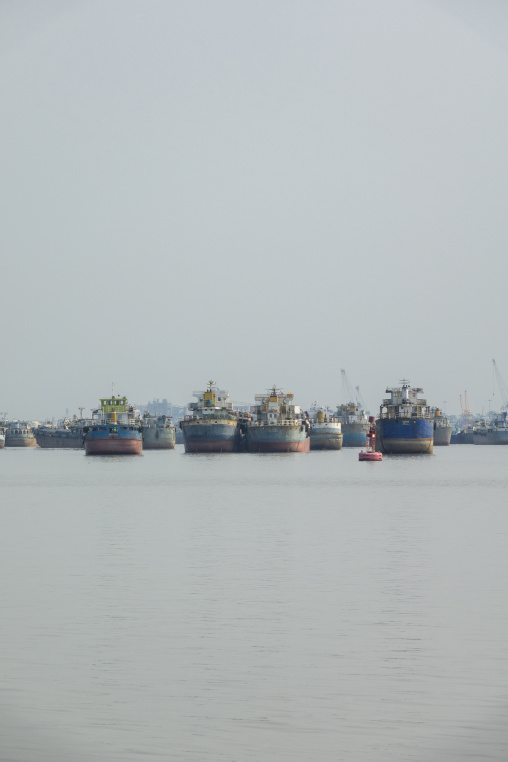 Cargo ships anchored on the river near Mongla port, Khulna Divis