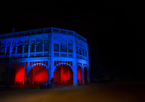 Ottoman building with light painting at night, Northern Red Sea, Massawa, Eritrea