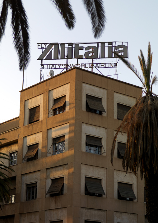 Alitalia adverstising on harnet avenue building, Central Region, Asmara, Eritrea