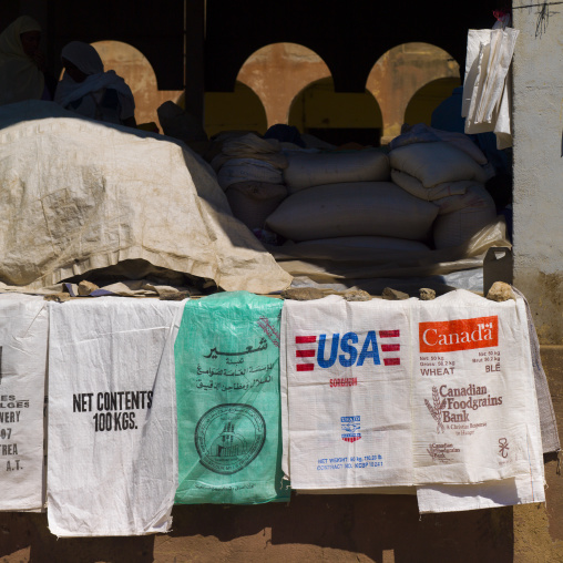 Food aid bags for sale in the market, Central Region, Asmara, Eritrea