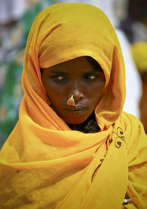 Eritrean woman with nose ring and yellow veil, Debub, Senafe, Eritrea