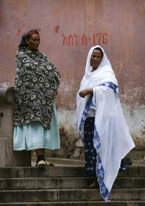 Eritrean women on stairs in the street, Central Region, Asmara, Eritrea
