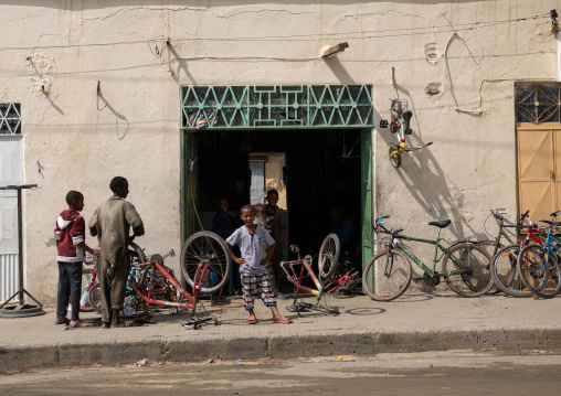 Eritrean children repairing bicycles in a shop, Semien-Keih-Bahri, Keren, Eritrea