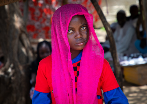 Portrait of an eritrean young woman with pink scarf, Gash-Barka, Agordat, Eritrea
