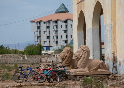 Lions statues in front of eritrean shipping lines building, Northern Red Sea, Massawa, Eritrea