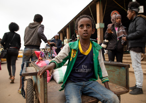 Eritrean boy sit on a cart in the market, Central region, Asmara, Eritrea