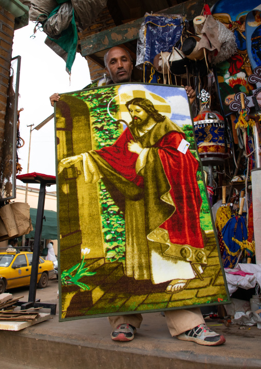 Shop selling religious carpets in the market, Central region, Asmara, Eritrea