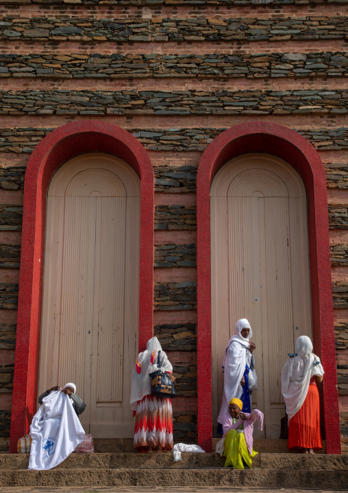 Eritrean women praying in enda mariam orthodox cathedral, Central region, Asmara, Eritrea