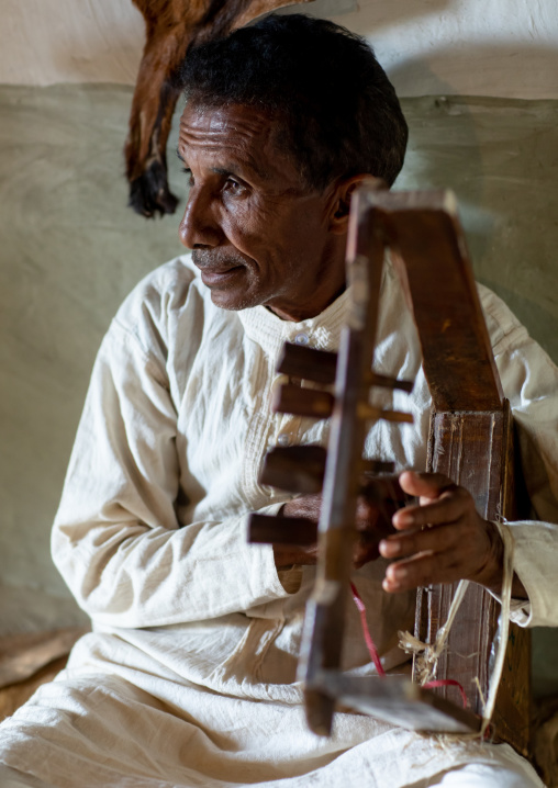 Eritrean man playing eritrean harp, Central region, Asmara, Eritrea