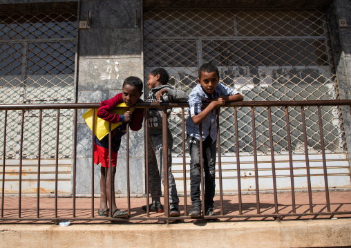 Eritrean boys leaning on a fence, Central region, Asmara, Eritrea