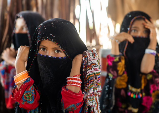 Portrait of veiled Rashaida tribe girls, Northern Red Sea, Massawa, Eritrea