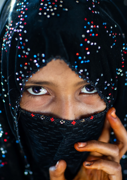 Portrait of a veiled Rashaida tribe girl, Northern Red Sea, Massawa, Eritrea